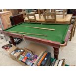 A MAHOGANY RILEY SNOOKER TABLE, 76X40" COMPLETE WITH FOUR LEAVES TO CONVERT TO A DINING TABLE, TWO
