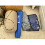 AN ASSORTMENT OF CAMPING ITEMS TO INCLUDE A BLOW UP BED AND A SLEEPING BAG