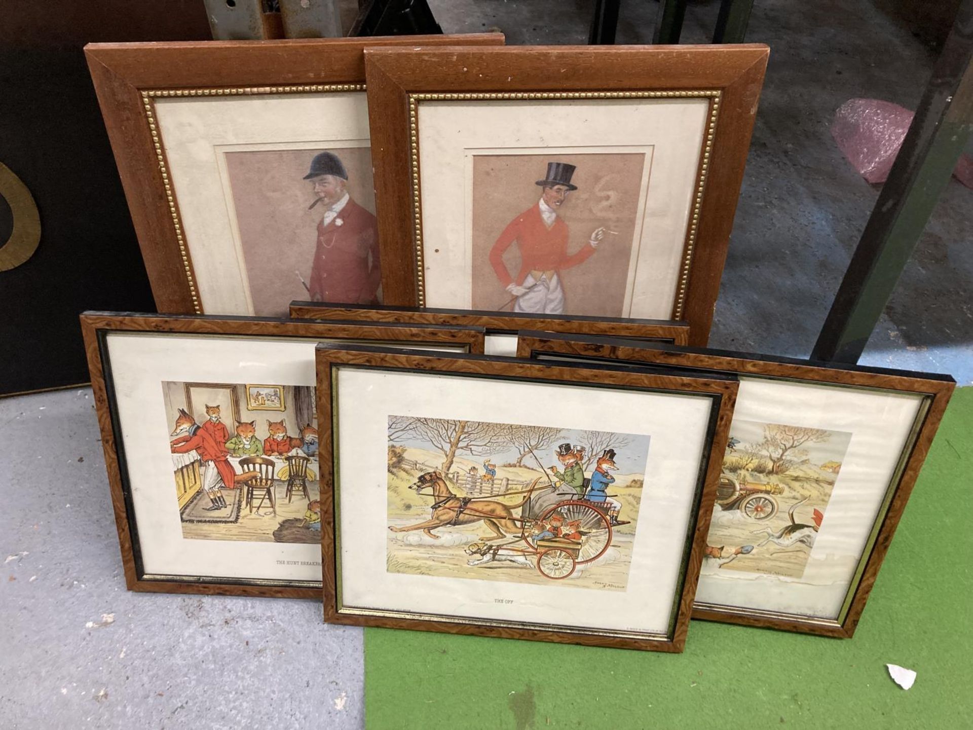 FOUR FRAMED COMICAL PRINTS OF FOXES IN HUNTING SCENES PLUS TWO MOUNTED PRINTS OF HUNTSMEN, ETC