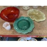 THREE PIECES OF COLOURED GLASS TO INCLUDE ACID GREEN PLUS A WEDGWOOD 'GREEN CABBAGE' PLATE