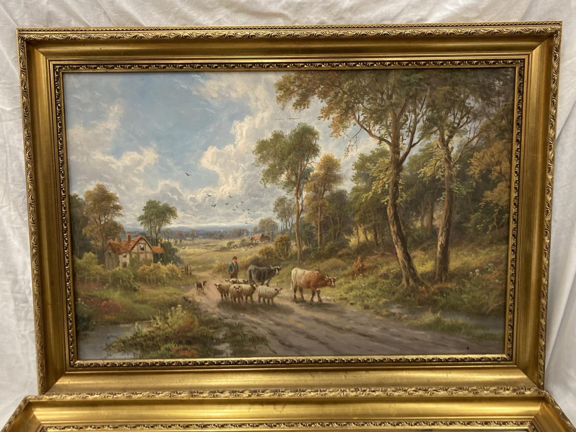 A PAIR OF SIGNED E HEATON GILT FRAMED OILS ON PANELS OF PASTORAL SCENES HEIGHT 48.5CM, WIDTH 74CM - Image 2 of 5