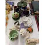 A LE CREUSET SAUCEPAN, CARLTONWARE PRESERVE POT AND STAND, TEAPOT, SCOTTIE DOGS, CHINA TRIO, ETC