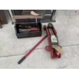 A TWO TONNE TROLLEY JACK AND A TOOL BOX WITH AN ASSORTMENT OF TOOLS