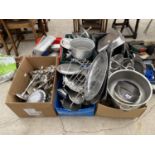 A LARGE QUANTITY OF STAINLESS STEEL CATERING ITEMS TO INCLUDE CAKE STANDS, JUGS AND DISHES ETC