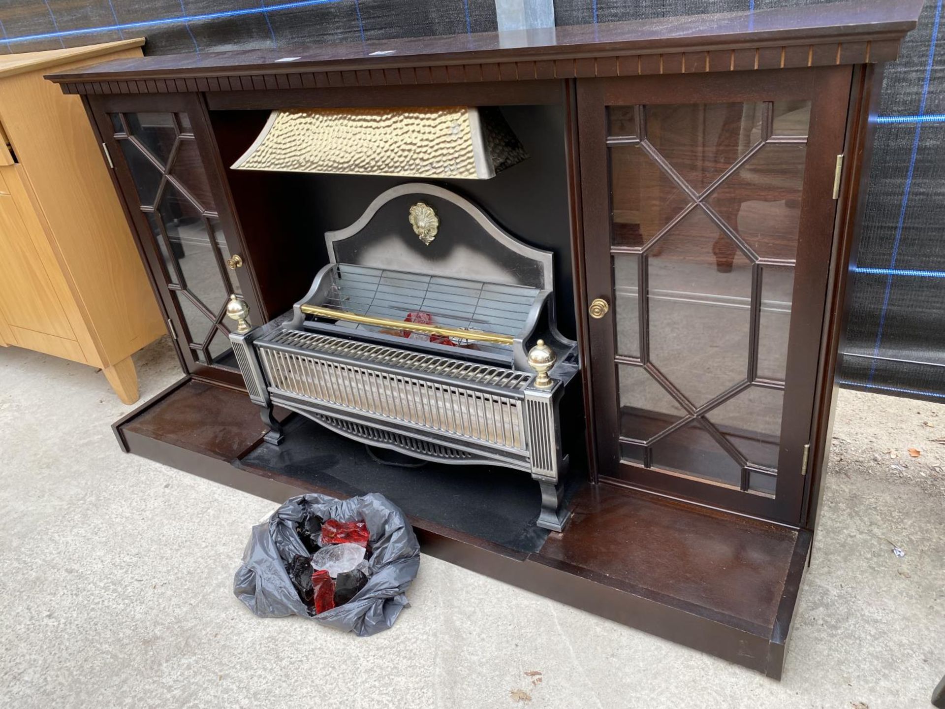 A BELLING COAL EFFECT ELECTRIC FIRE IN SURROUND, WITH GLAZED DOORS, 60" WIDE - Image 2 of 4