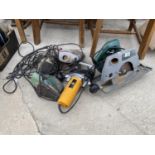 AN ASSORTMENT OF POWER TOOLS TO INCLUDE A BOSCH CIRCULAR SAW, A JCB ROUTER AND PALM SANDERS ETC