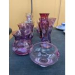 A COLLECTION OF ROYAL ALBERT HANDCUT VASES IN PURPLE PLUS OTHERS WITH A HINT OF COLOUR