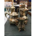 A HEAVY SILVER PLATED TEA SET TO INCLUDE TEA AND WATER POT, CREAM JUG, SUGAR BOWL PLUS A PLANTER