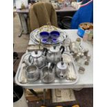 AN ASSORTMENT OF SILVER PLATE ITEMS TO INCLUDE A COFFEE SET, TRAYS AND CRUET SETS ETC