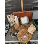 AN ASSORTMENT OF ITEMS TO INCLUDE A TRAVEL CASE, A SHELL AND A WOODEN CASED BAROMETER ETC