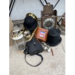 AN ASSORTMENT OF ITEMS TO INCLUDE A BRASS TROMBONE, A TOP HAT AND A CLOCK ETC