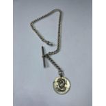 A MARKED SILVER HALF ALBERT WATCH CHAIN WITH FOB