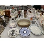 TWO LARGE STAFFORDSHIRE FLATBACKS, PLANTER, DR NELSON'S INHALER, PLATES, ETC