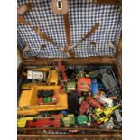 A WICKER PICNIC BASKET CONTAINING APPROX 80 DINKY AND CORGI ARS DATING FRO 1972 ONWARDS, PLUS 2