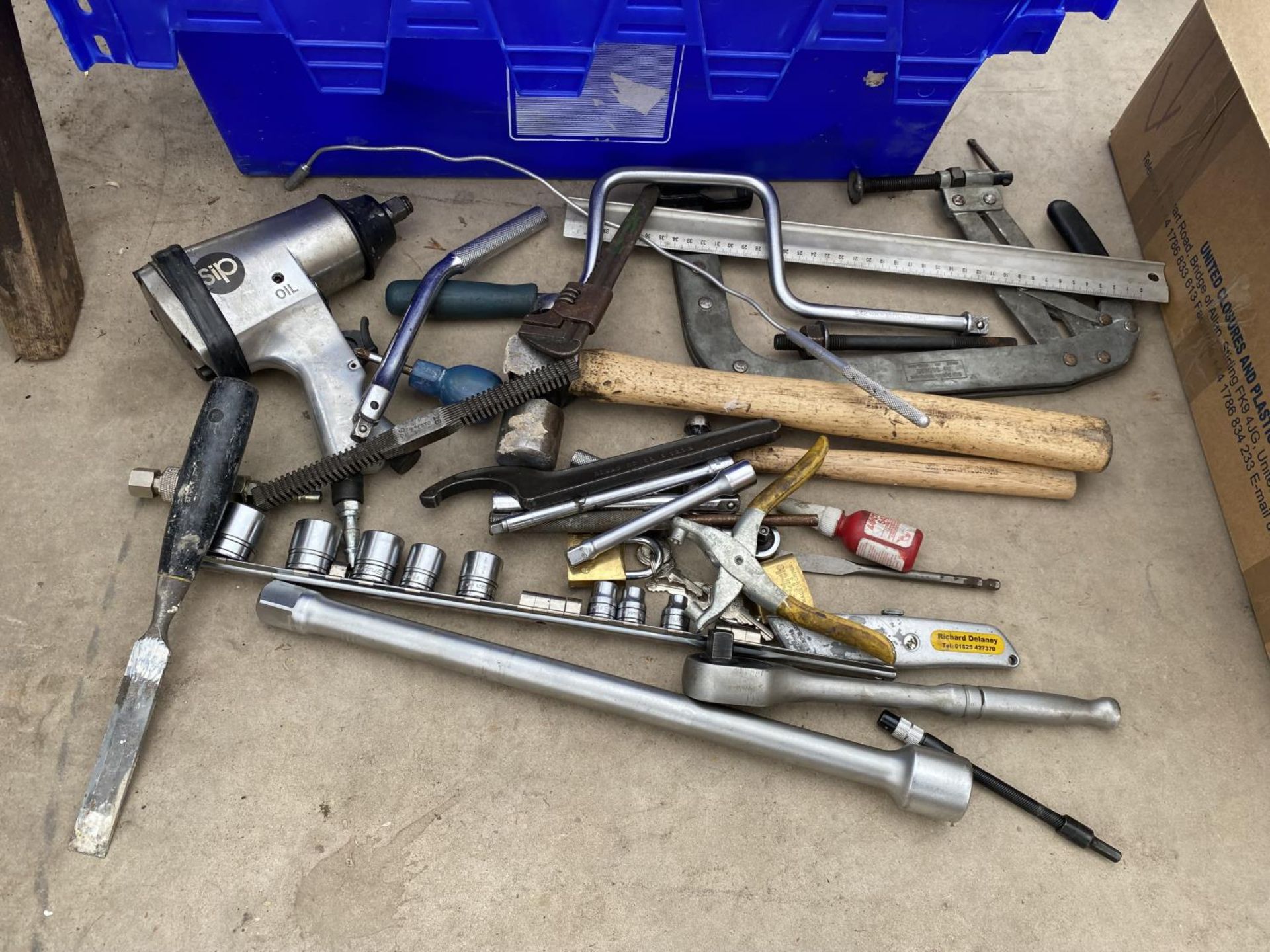 A LARGE ASSORTMENT OF TOOLS TO INCLUDE SOCKETS, A COMPRESSOR IMPACT WRENCH AND A LARGE CLAMP ETC - Image 2 of 3