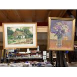A FRAMED WATERCOLOUR OF A COTTAGE SIGNED H CARTER 1937 AND AN OIL OF FLOWERS IN A VASE