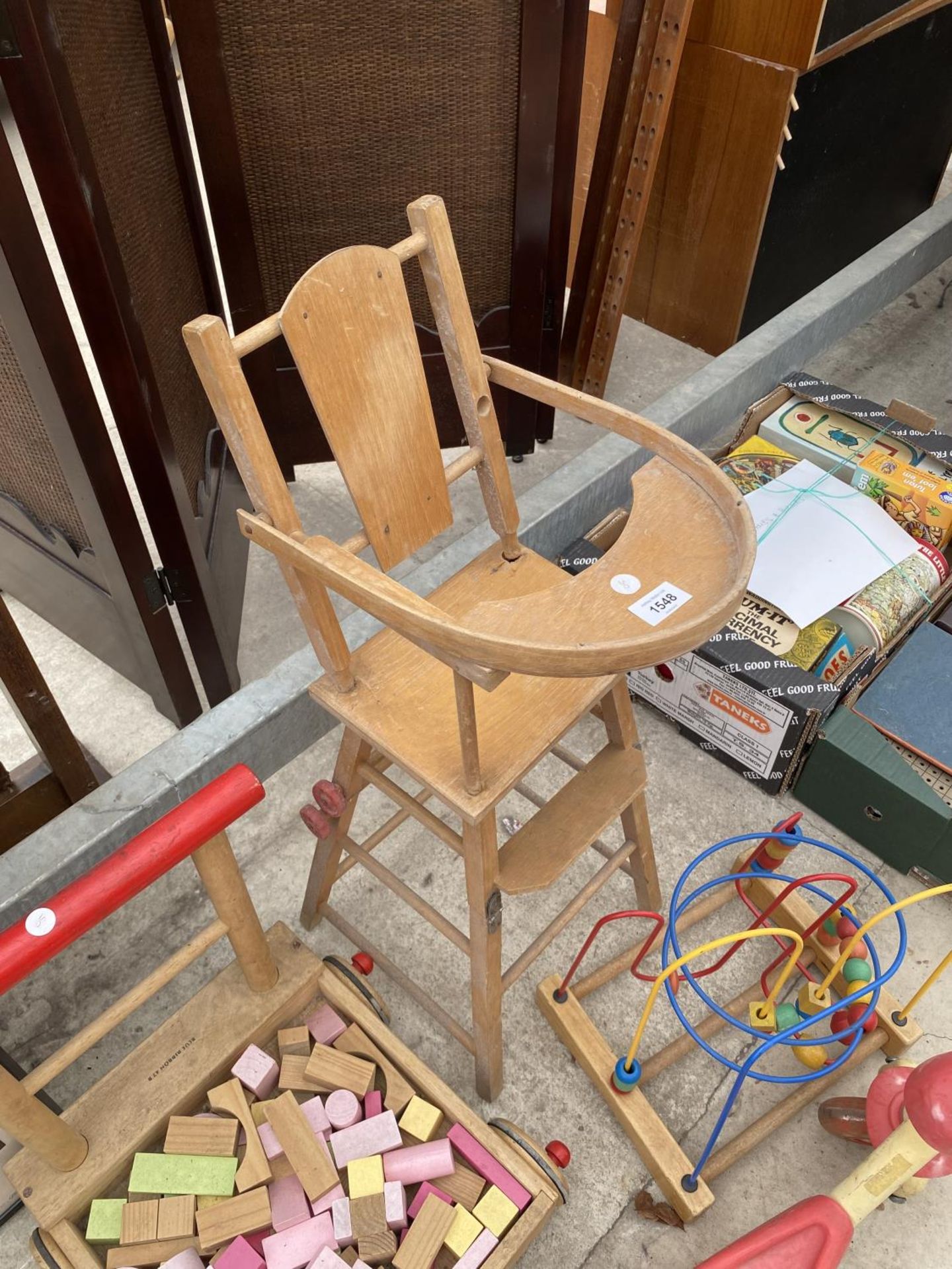 AN ASSORTMENT OF CHILDRENS ITEMS TO INCLUDE A HIGH CHAIR, A SCOOTER AND A WALKER ETC - Image 2 of 4