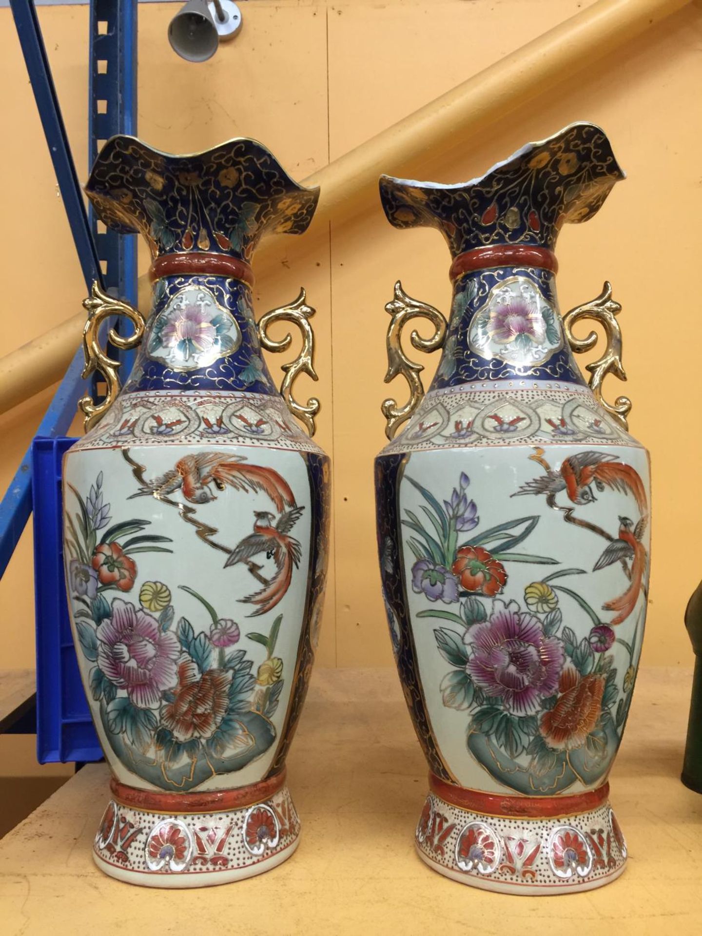 TWO LARGE ORIENTAL VASES WITH CLOISONNE DECORATION OF CHRYSANTHEMUMS, BIRDS, ETC HEIGHT 61CM - ONE
