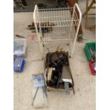 A THREE TIER TROLLEY AND AN ASSORTMENT OF TOOLS AND BRACKETS ETC