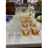 BELIEVED TO BE WHITEFRIARS 1950'S AMBER COLOURED GLASS LEMONADE SET, SHERRY GLASSES, VASE, ETC
