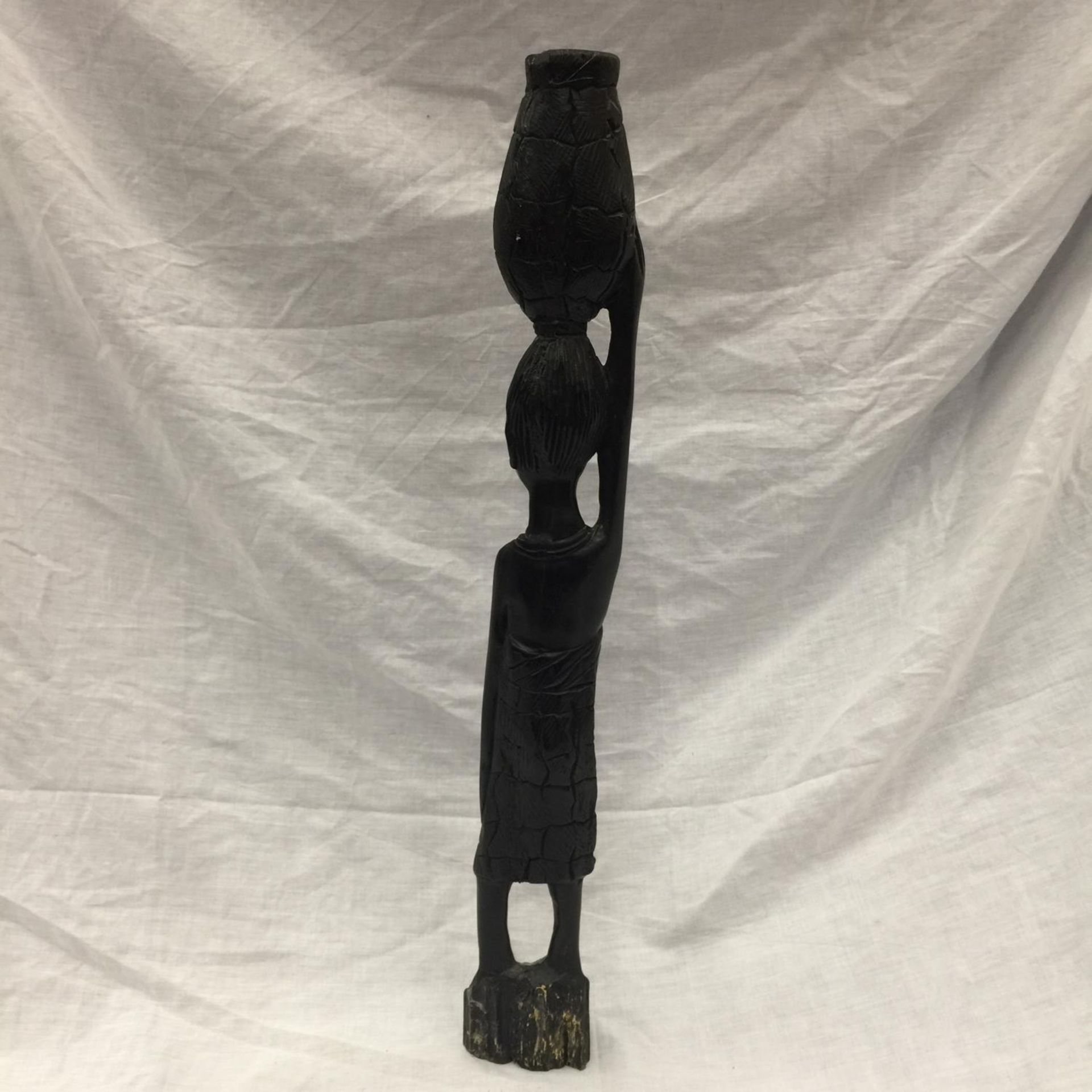 THREE CARVED WOODEN FIGURES - TWO AFRICAN HEIGHT 64CM AND 43CM AND AN ASIAN EXAMPLE HEIGHT 43CM - Image 9 of 11