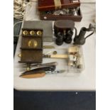 A COLLECTION OF ITEMS TO INCLUDE A PEWTER BOX, CASED BINOCULARS, FLATWARE, PEWTER JUG WITH