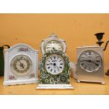 FOUR DECORATIVE MANTLE CLOCKS TO INCLUDE SETH THOMAS AND JUNGHANS
