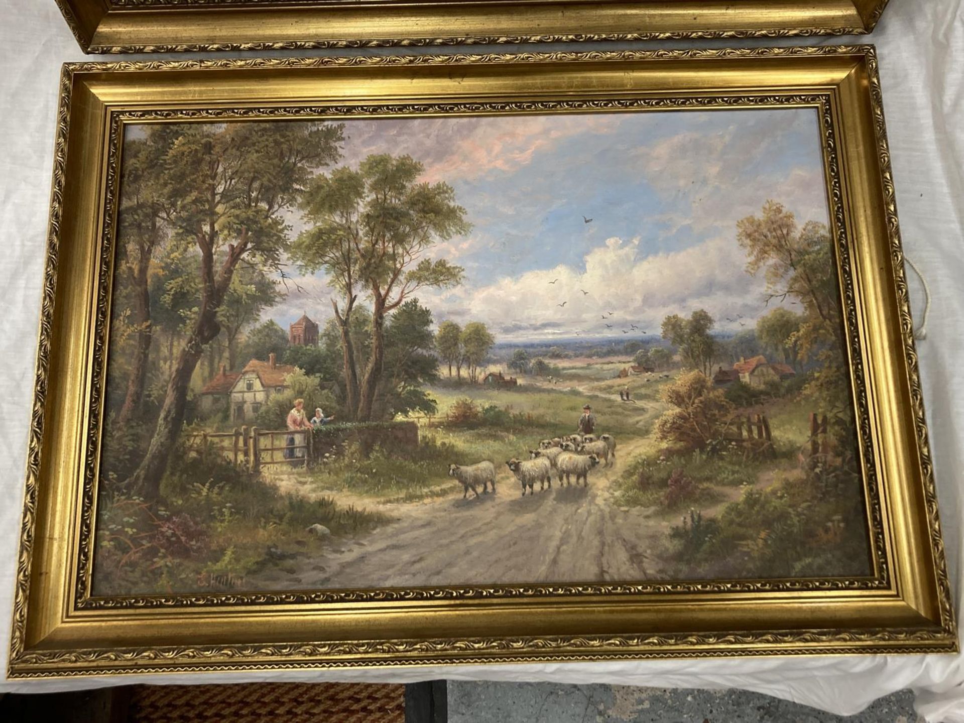 A PAIR OF SIGNED E HEATON GILT FRAMED OILS ON PANELS OF PASTORAL SCENES HEIGHT 48.5CM, WIDTH 74CM - Image 3 of 5