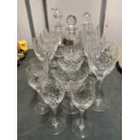 THREE CUT GLASS DECANTERS WITH HALLMARKED SILVER LONDON COLLARS PLUS WINE, SHERRY AND MARTINI