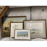 TWO FRAMED WATERCOLOURS OF PASTORAL SCENES SIGNED P SPOONER AND JOHN ALLEN PLUS TWO FRAMED PRINTS