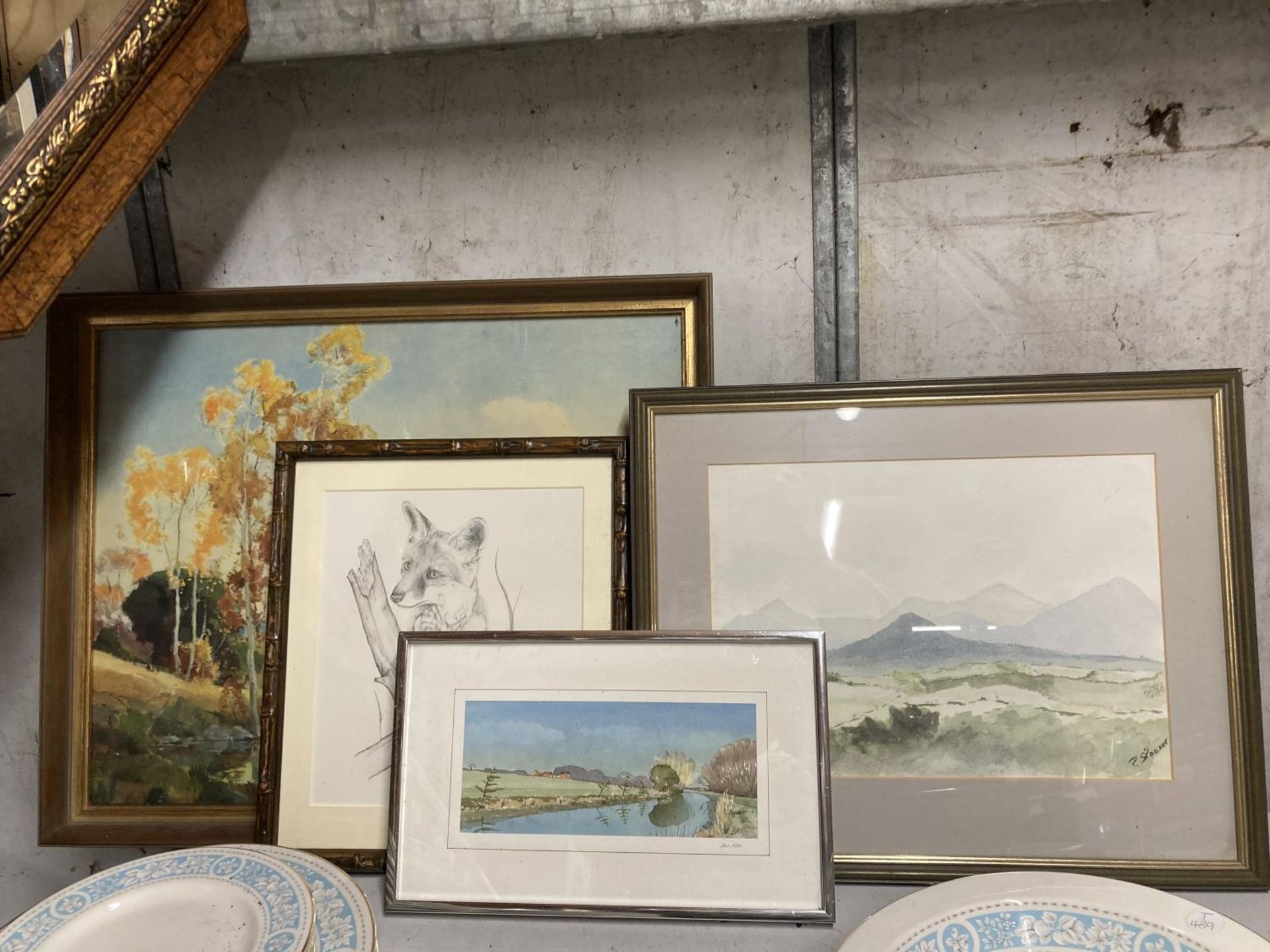 TWO FRAMED WATERCOLOURS OF PASTORAL SCENES SIGNED P SPOONER AND JOHN ALLEN PLUS TWO FRAMED PRINTS