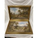 A PAIR OF SIGNED E HEATON GILT FRAMED OILS ON PANELS OF PASTORAL SCENES HEIGHT 48.5CM, WIDTH 74CM