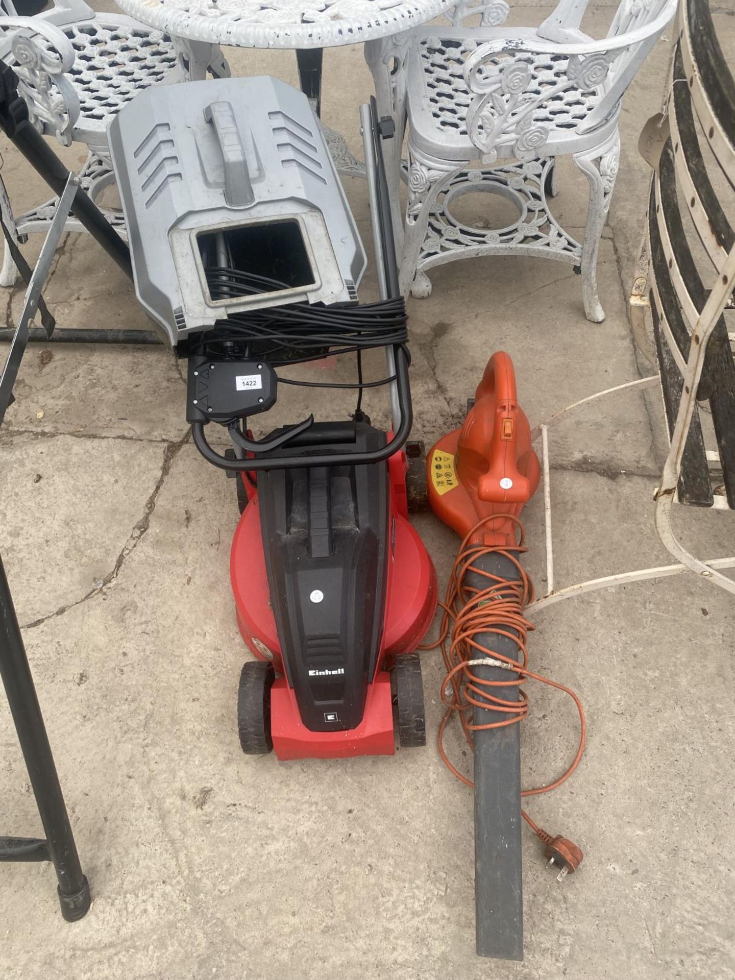 AN EINHELL ELECTRIC LAWN MOWER AND AN ELECTRIC LEAF BLOWER