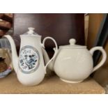 A FLORAL COFFEE POT AND A CREAM STONEWARE TEAPOT