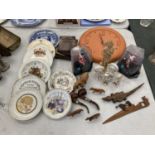 A QUANTITY OF ITEMS TO INCLUDE CABINET PLATES, TERRACOTTA WALL CLOCK, FIGURINES, PIPES, TREEN ITEMS,