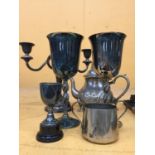 A QUANTITY OF SILVER PLATED ITEMS TO INCLUDE A TWO BRANCH CANDLESTICK, TEAPOT, GOBLETS, ETC
