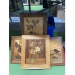 FOUR WOODEN MARQUETRY PICTURE TO INCLUDE BIRDS, FLOWERS, ETC