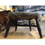 A VICTORIAN ELM AND BEECH TURNED LEG CHILD'S STOOL WITH WOOLWORK TOP HEIGHT 24 CM