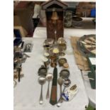 AQUANTITY OF ITEMS TO INCLUDE A BELL, SILVER PLATED DISHES IN A HOLDER, FLATWARE, POTS, ETC