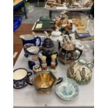 A QUANTITY OF CERAMIC ITEMS TO INCLUDE TEAPOTS, CAPIDIMONTE STYLE FIGURE, JUGS, CRUET SET, ETC -