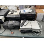 A LARGE ASSORTMENT OF ITEMS TO INCLUDE A JVC STEREO SYSTEM, A JVC RADIO AND A PHILIPS VHS PLAYER ETC