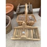 A VINTAGE WOODEN TOOL CHEST, A WICKER BASKET AND A WOODEN BASKET