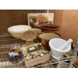 AN ASSORTMENT OF ITEMS TO INCLUDE A BOX OF DOMINOES, STONE WARE POTS AND A TREEN TRINKET BOX ETC