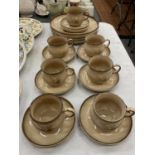 A QUANTITY OF DENBY PLATES, CUPS AND SAUCERS