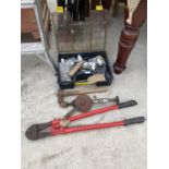 A HARDWARE STORAGE BOX AND CONTENTS AND A SET OF BOLT CUTTERS, A BRACE DRILL AND A HAMMER ETC