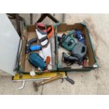 A LARGE ASSORTMENT OF TOOLS TO INCLUDE AN ELECTRIC WOOD PLANE, AN ELECTRIC JIGSAW AND A SANDER ETC