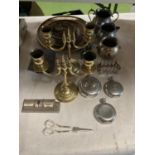 A QUANTITY OF ITEMS TO INCLUDE BRASS CANDLESTICKS, SILVER PLATED HIP FLASKS, JUGS, TRAYS,