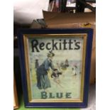 A FRAMED VINTAGE STYLE PRINT ADVERTISING 'RECKITT'S BLUE'