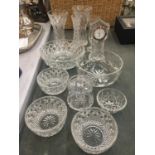 A COLLECTION OF CUT GLASS CRYSTAL ITEMS TO INCLUDE AN EDINBURGH CRYSTALCLOCK, VASES, BOWLS, ETC