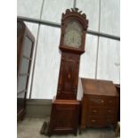 A 19TH CENTURY MAHOGANY AND INLAID EIGHT-DAY LONGCASE CLOCK WITH PAINTED ENAMEL DIAL, HAVING